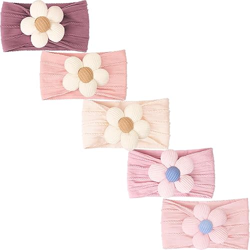 CÉLLOT 5 Pcs Baby Flower Headbands Baby Girls Nylon Headbands Soft Hairbands Hair Accessories for Newborn Infant Toddler Kids(Pink)