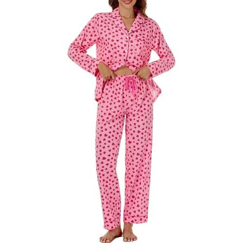 LUBOT 100% Cotton Pajamas for Women 2 Piece PJ Set Woven Poplin Ladies Button Long Sleeve Lightweight Sleepwear XS-XXL