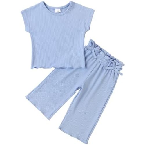 Toddler Baby Girl Summer Clothes Knit Ribbed Short Sleeve T-Shirt Tops + Flowy Wide Leg Pants Two Piece Outfit