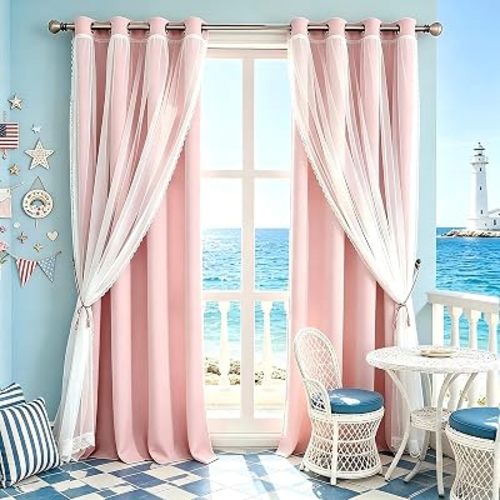 Short Pink Blackout Curtains with Sheer Overlay - Grommet Privacy Drapes, Cute Window Treatments for Kids/Girls Bedroom Nursery LivingRoom, 52 x 54 in, 2 PCs