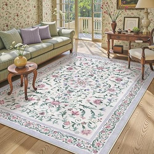 Lahome 5x7 Purple Floral Rugs for Bedroom Living Room Soft Washable Non-Slip Low Pile Lavender Area Rug for Girls Nursery Playroom College Dorm Vintage Cute Boho Cottage Core Indoor Floor Carpet