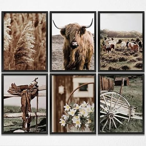 Vintage Farmhouse Cow Prints - 6PCS Wall Art Set (8x10 inch, Unframed) for Home, Bedroom, Kitchen, Bathroom, Rustic Western Country Decor
