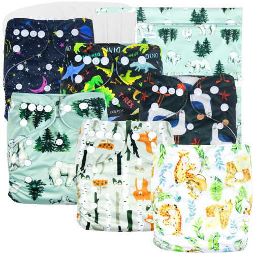 Langsprit 6 Pack Baby Cloth Diaper with 6 Highly Absorbent Inserts, Reusable Baby Diapers, Washable Cloth Diapers Newborn, Wild Animals