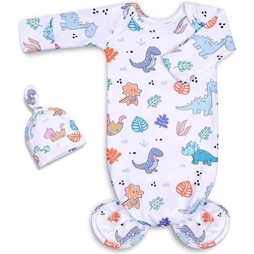Newborn Baby Girl Gown 0-6 Months, Super Soft Newborn Sleepers Gown, Long Sleeve Infant Nightgown for Girls, Baby Girl Outfit Essential with Folding Gloves Hat Set Dinosaurs