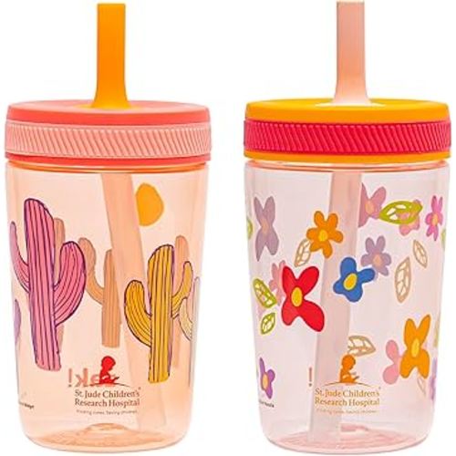 Zak Designs St. Jude Kelso Toddler Tumblers For Travel or At Home, 15oz 2-Pack Durable Plastic Sippy Cups With Leak-Proof Design is Perfect For Kids (Floral and Cactus)