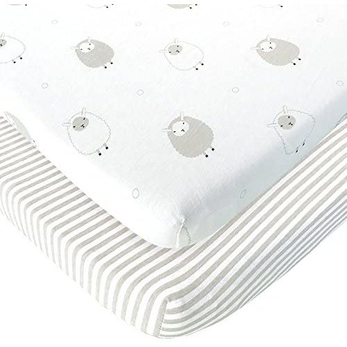 Bassinet Fitted Sheets Compatible with Mika Micky Bedside Sleeper –&nbsp;Snuggly Soft Jersey Cotton – Fits Perfectly on 19 x 32 Inch Bed Side Sleeper Mattress Pad – Grey Stripes, Sheep –&nbsp;2 Pack