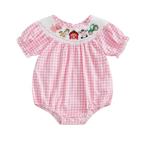 FIOMVA Toddler Baby Girl Clothes Summer Smocked Bubble Romper Embroidery Onesie Short Sleeve Bodysuit Cute Outfits