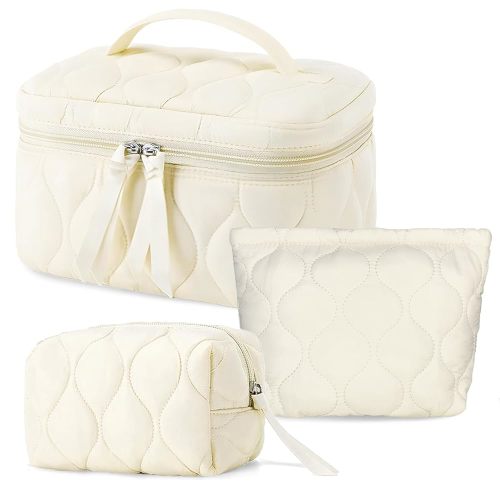 3 PCS Quilted Makeup Bag Set Coquette Cosmetic Bag Toiletry Travel Organizer, Small Medium Large, Cute Portable Puffy for Women Girls,Beige