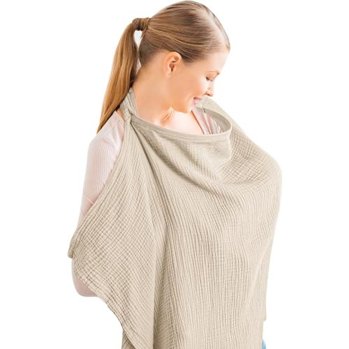 Konssy Muslin Nursing Cover for Baby Breastfeeding, Breathable 100% Cotton Breastfeeding Cover with Rigid Hoop for Mother Nursing Apron, Multi-use Carseat Canopy (Summer Wheat)