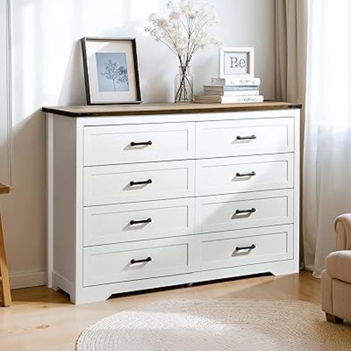 White Dresser for Bedroom, 54" Wide Farmhouse 8 Drawers Dresser, Wood Chests of Drawers with Waterproof Rustic Top Board and Metal Handles for Bedroom, Living Room, Hallway, Entryway, White