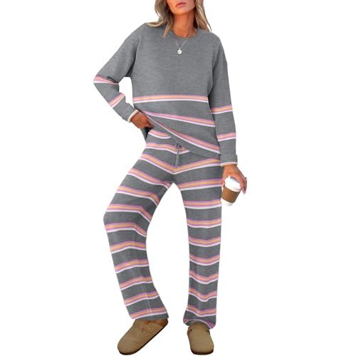 Caracilia Women's 2 Piece Outfits Sweater Sets Striped Oversized Sweaters Knit Wide Leg Pant Lounge Set 2025 Fall Outfits