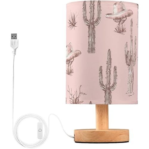 Bedside Table Lamp Pink Western Cowboy Cactus Nightstand Lamp with Wood Desk Lamps for Bedroom Living Room Nursery Office Home Decor