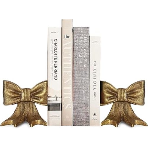 Gold Bow Metal Bookends Set of 2 Heavy Duty Cast Iron Book Ends for Heavy Books Unique Modern Decorative Book Holders for Shelves Home Accent Decor