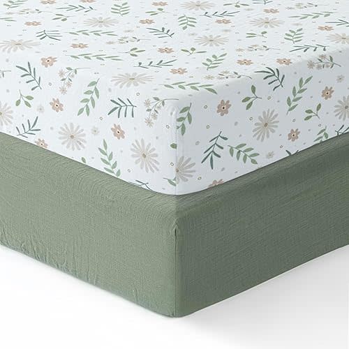 Cotton Crib Sheets for Boys and Girls | Super Soft, Breathable 2-Pack | 100% Cotton Muslin Crib Sheets for Standard Cribs and Toddler Beds (28"x52") | Green and Flowers