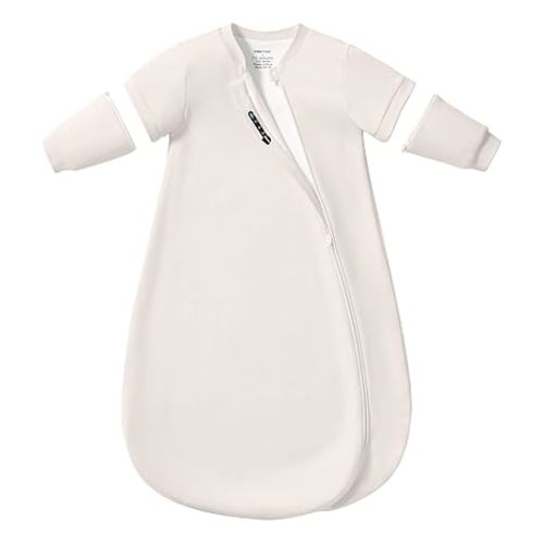 Baby Sleep Sack 6–12 Months, Cotton Sleep Sack with Detachable Long Sleeves, 1.0 TOG Wearable Blanket for Cooler Nights, 2-Way Zipper Toddler Sleeping Sack with Temperature Strip, Beige