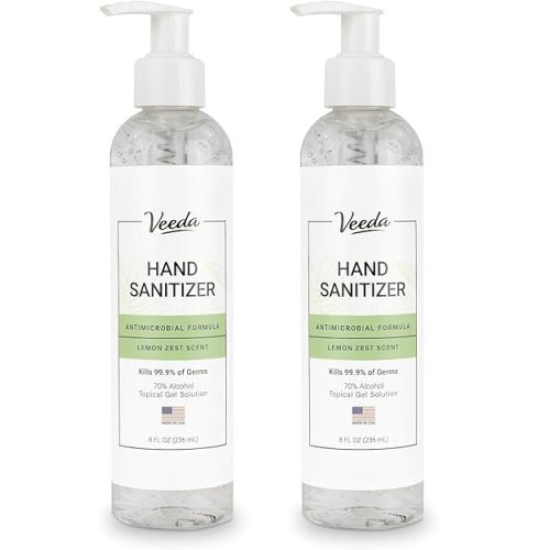 Veeda Hand Sanitizer with Lemon Zest Scent - Moisturizing Clear Gel with Vitamin E & Antimicrobial Formula- Contains 70% Ethyl Alcohol - Hand Sanitizer Travel Size, Made in USA - 2x 8oz bottles