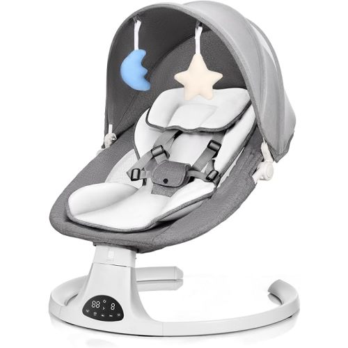 Baby Swing for Newborn to Toddler, 5 Speed Portable Infant Swing with Smart Touch Control, Remote Control, 10 Lullabies, Timer, 5 Point Harness and Soft Fabric (Grey)