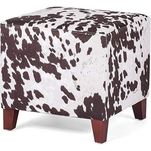 Adeco Small Foot Stool Ottoman, 16.3" Linen Cube Ottoman Foot Rest with Wood Legs, Upholstered Ottomans Footstool for Living Room, Bedroom, Couch, Cow Print