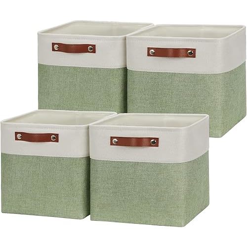 HNZIGE Fabric Cube Storage Baskets Bins Cube Baskets 11x11, Set of 4, Foldable Storage Cube Bin Baskets for Shelves with Handles, Bins for Cube Organizer Home Toy Nursery Closet Bedroom(Green White)