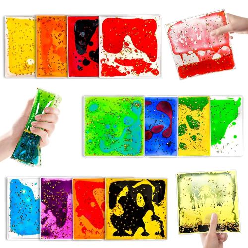 Squishy Liquid Sensory Gel Tiles 12 Packs - Square Sensory Fidget Toys for Stress Relief, Sensory Play & Portable Fun, Washable Sensory Floor Tiles for Kids in Home, Classroom, Travel
