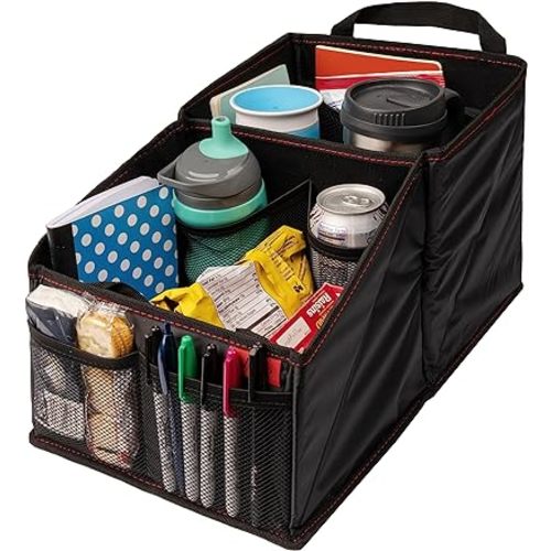 Lusso Gear 9-Compartment Car Seat Organizer with Cup Holders - For Front, Back, Passenger Seats, Truck and Van (Black w Red Stitch)