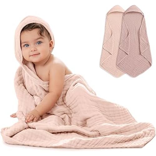 Comfy Cubs Hooded Baby Towel 2-Pack, Large 32 x 32 Inch - 6 Layer 100% Muslin Cotton for Babies, Toddlers, Kids - Soft & Absorbent Baby Bath Towels - Unisex Design for Bath Time, Mauve and Blush