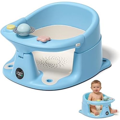 Baby Bath Seat for Babies 6 Months & up with Thermometer, Non-Slip Toddler Bath Seats for Sitting Up, Safe Infant & Newborn Bathtub Chair with 4 Suction Cups, Soft Cushion & Temperature Display, Blue
