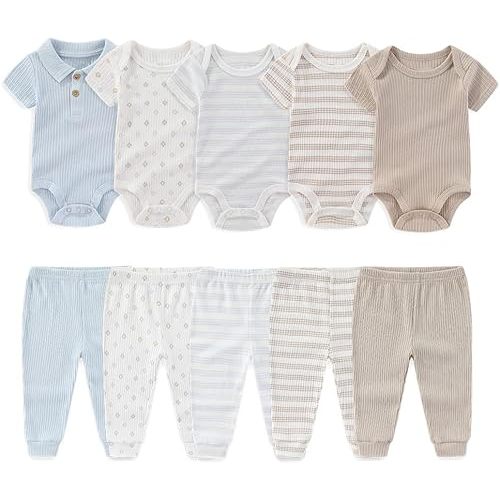 Kiddiezoom Newborn Baby Layette Set 10-Piece with Bodysuits and Pants Set for Unisex Baby Gift Sets