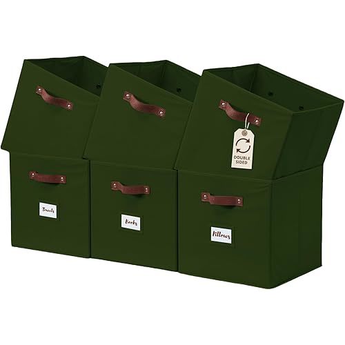 DECOMOMO Storage Bins, Cube Storage Bin with Labels, Fabric Storage Cubes for Shelves (10.5" x 11" / 6pcs, Olive Green)