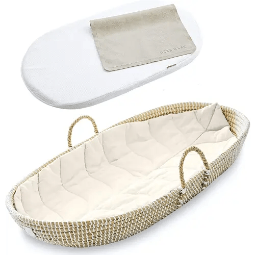 BEBE BASK - Premium Seagrass Baby Changing Basket with Pad - Handmade Baby Moses Basket - Luxury Leaf Liner - Bamboo Jacquard Cover - Vegan Baby Changing Mat - Baby Changing Pad - 30 x 16 x 4 inches