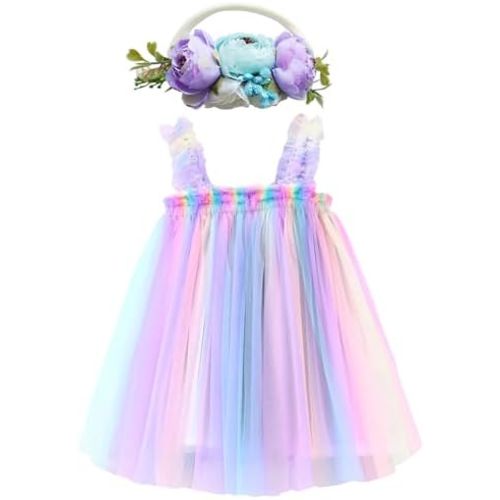 BGFKS Layered Tulle Tutu Dress for Toddler Girls,Baby Girl Rainbow Tutu Princess Skirt Set with Flower Headband.