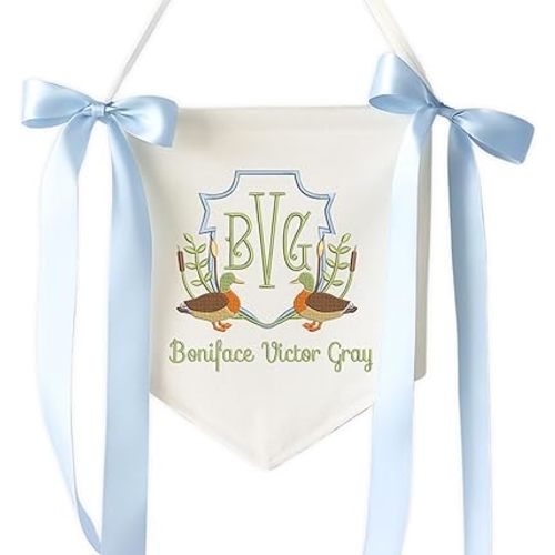 Embroidered Baby Name Sign Personalized Baby Announcement Sign Newborn Baby Banner with Bows Baby Hospital Name Sign Canvas Hanging Pennant Flag Custom Infant Baby Name Baby Shower Banner (08)