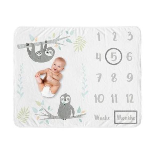 Sweet Jojo Designs Gender Neutral Baby Milestone Blanket Sloth Blue Grey and White