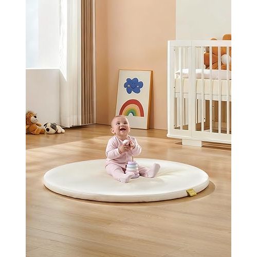 Attababy 39" Round Baby Mat for Floor, Hypoallergenic Vegan Leather Cover Foam Play Mat for Nursery, Easy to Wipe Clean & Waterproof, Thick Playmat for Infants and Toddlers, 1 Storage Strap Included