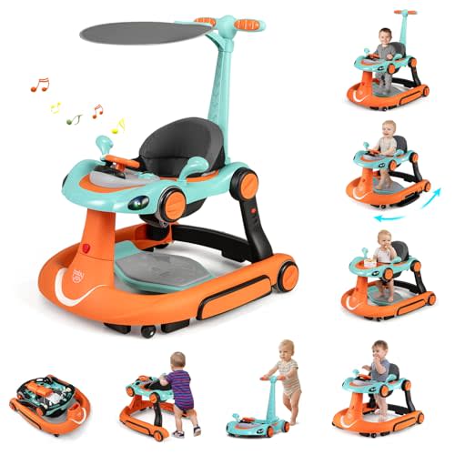 BABY JOY 7-in-1 Baby Walker, Foldable Baby Walker and Bouncer Combo with Handle, Adjustable Height & Speed, Music, Lights, Rocker/Push Mode, Baby Walker with Wheels for Boys Girls 7-18 Months (Orange)