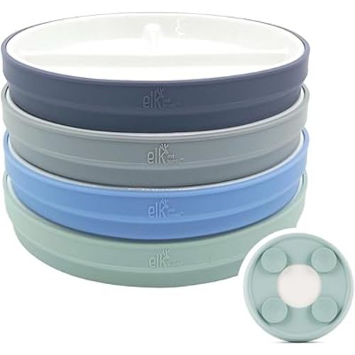 Elk and Friends Kids 7.8” Porcelain White Plates with Silicone Suction Sleeves Sleeves | Divided Plates | Suitable for Babie/Kids/Toddlers | Microwave & Dishwasher Safe | Non Slip | Snack Dishes