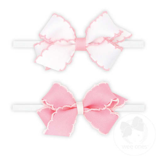 GIFT PACK! Two Mini Moonstitch Grosgrain Bows on White Skinny Nylon Band - WHL/PRW | Wee Ones Hair Bows & Accessories