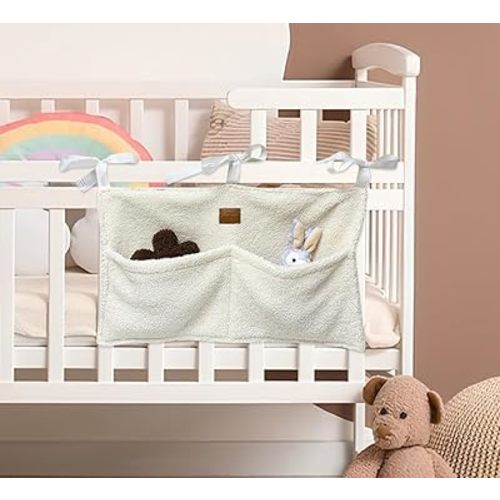 Bedside Storage Hanging Diaper Caddy - Teddy Material Diaper Caddy with 2 Storage Compartments, Diaper Stackers & Caddies for Baby Carrier, Crib, Stroller & Changing Table, Baby Storage Organizer