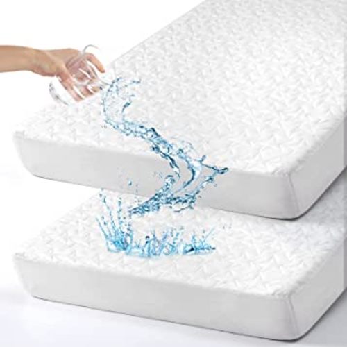 ACRABROS Pack n Play Sheets Fitted,2 Pack Waterproof Mini Crib Mattress Protector, Playard Sheets for Boys and Girls, Universal Fit Quilted Padded Ultra Soft,White