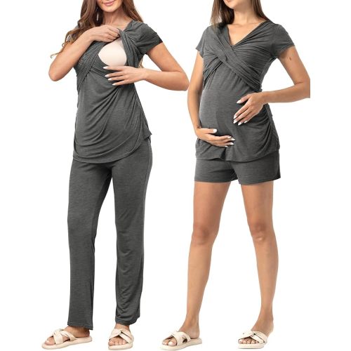 SUNNYBUY Women's Maternity Postpartum Pajamas Set, Breastfeeding Tops，Adjustable Pregnancy Shorts & Pants 3 Piece Nursing PJS