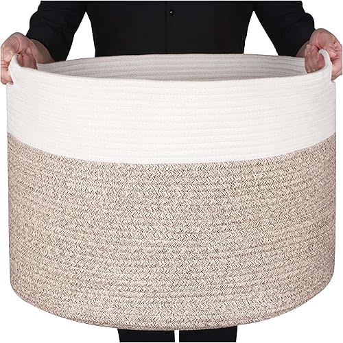 MINTWOOD Design Extra Large 22 x 14in Decorative Blanket Basket for Living Room, Laundry Basket, Woven Cotton Rope Basket, Dog Toy Storage Bin Baskets, Round Basket for Pillows Towels, Light Brown