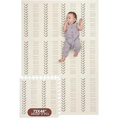 Childlike Behavior XL Baby Play Mat - 72 x 48-Inch Puzzle Play Mat with 6 Foam Floor Tiles - Interlocking Tummy Time Mat for Toddlers and Infants Play Pen - Waterproof and Soft Crawling Mat - Beige