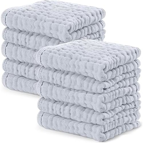 Comfy Cubs Muslin Baby Washcloths 10 Pack - Soft 6-Layer Cotton Wash Cloths for Sensitive Skin - 25 x 25 cm Large, Gentle, Absorbent Infant Essentials for Newborn and Toddlers - Slate