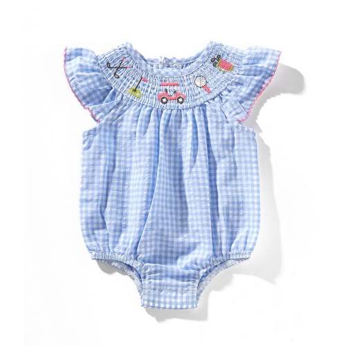 Mud Pie Baby Girls 3-12 Months Short Ruffle Sleeves Smocked Golf Bubble Bodysuit