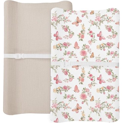 Changing Pad Cover for Baby Boy Girl 2 Pack, Muslin Changing Table Pad Covers with Boho Style, Neutral Nursery Bedding Essentials Soft and Breathable (Butterfly & Beige)