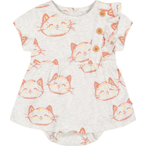 Organic Cotton Printed Romper, Heather Beige With Printed Cat - Deux par Deux Rompers | Maisonette