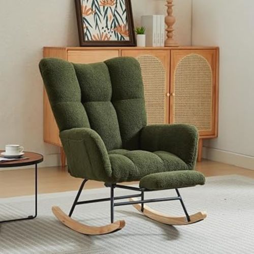 Modern Nursery Rocking Chair with Solid Wood Legs and Side Pocket, Rocker Accent Armchair with High Backrest, Upholstered Nursery Glider Rocker, Comfy Lounge Armchair, Dark Green