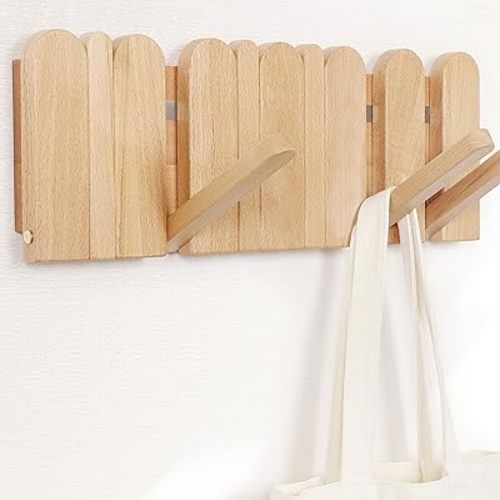 Coat Rack Wall Mount: Wooden Boho Wall Decor 6 Hooks 16.8'' Entryway Hanger with Magnetic Foldable Hooks Mounted, Space Saving for Hanging Jacket Bag for Apartments & Modern Homes