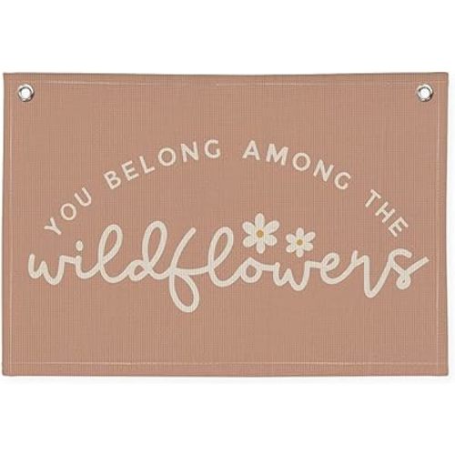 Girls Room Decor, Wildflower Baby Girl Nursery Decor, Baby Shower Pink Linen Canvas Banner, Wall Hanging Banner Flag 20x30 Inch