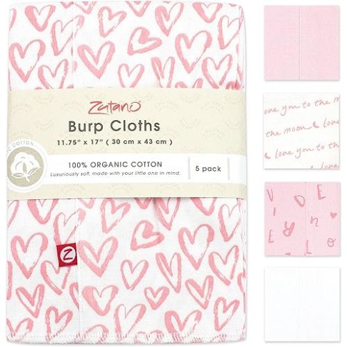 Zutano 5-Pack Organic Burp Cloths for Baby Girl & Boy, Large Cotton Burping Cloths for Babies | Absorbent Baby Spit-Up Rags | Gender Neutral Burp Clothes | Newborn Essentials, Pink Hearts